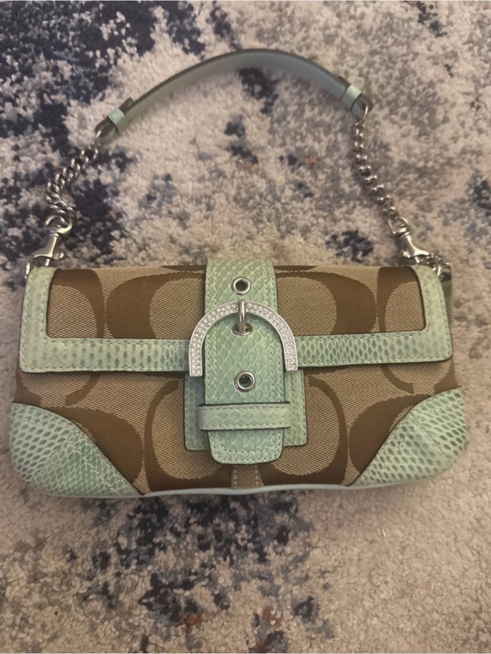 Coach Mini Shoulder Bag in Signature Brown Canvas with Mint Trim